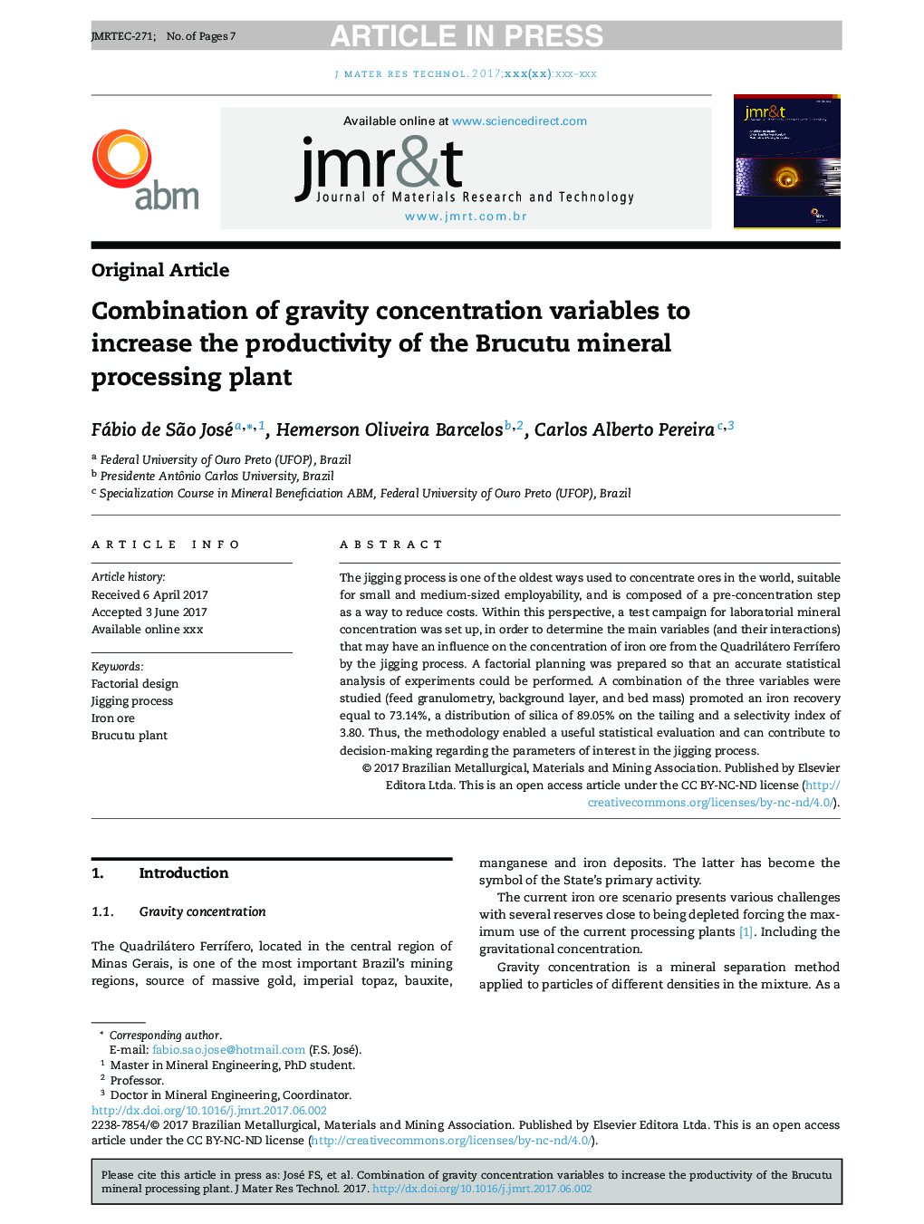 Combination of gravity concentration variables to increase the productivity of the Brucutu mineral processing plant