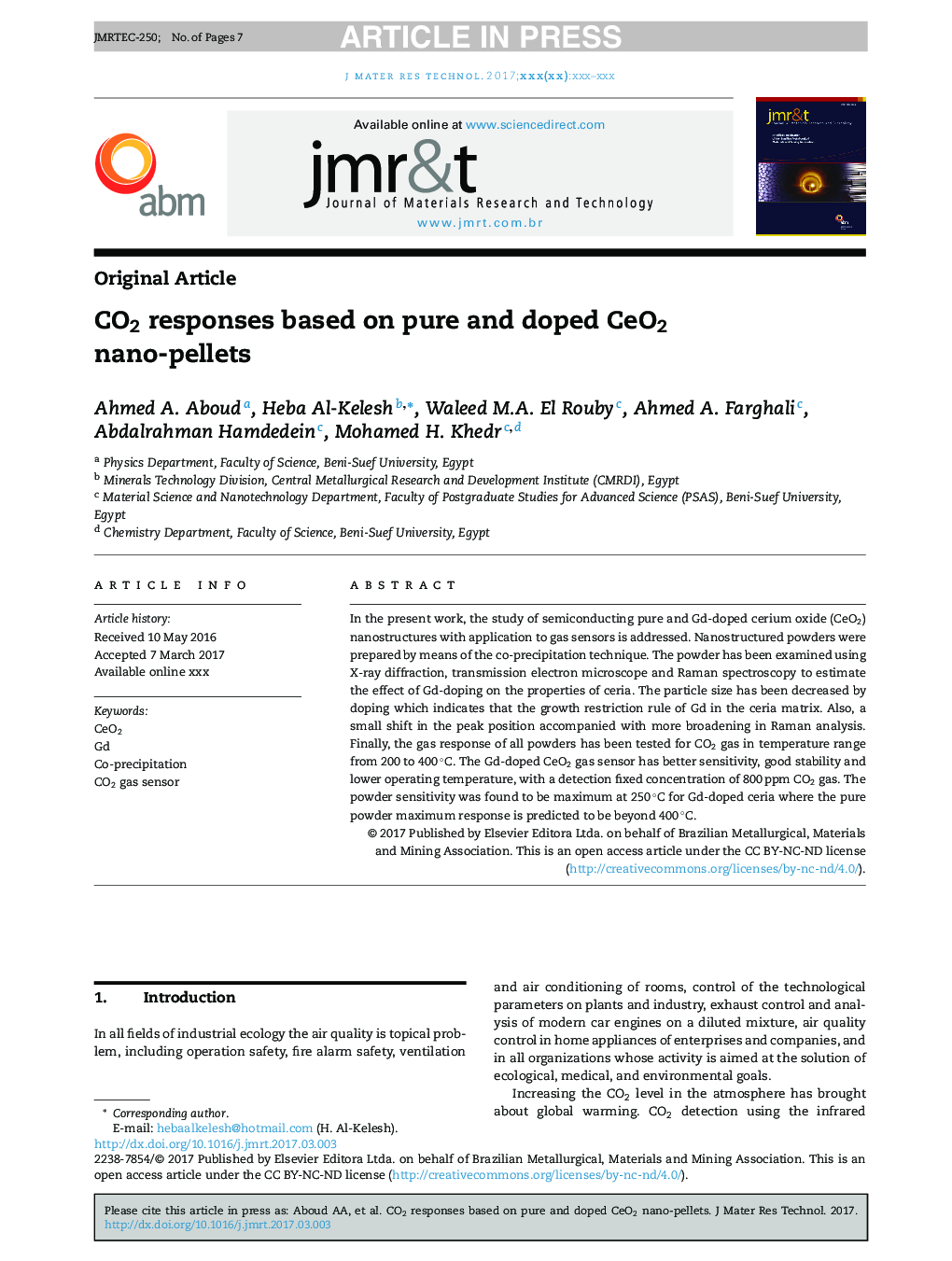 CO2 responses based on pure and doped CeO2 nano-pellets