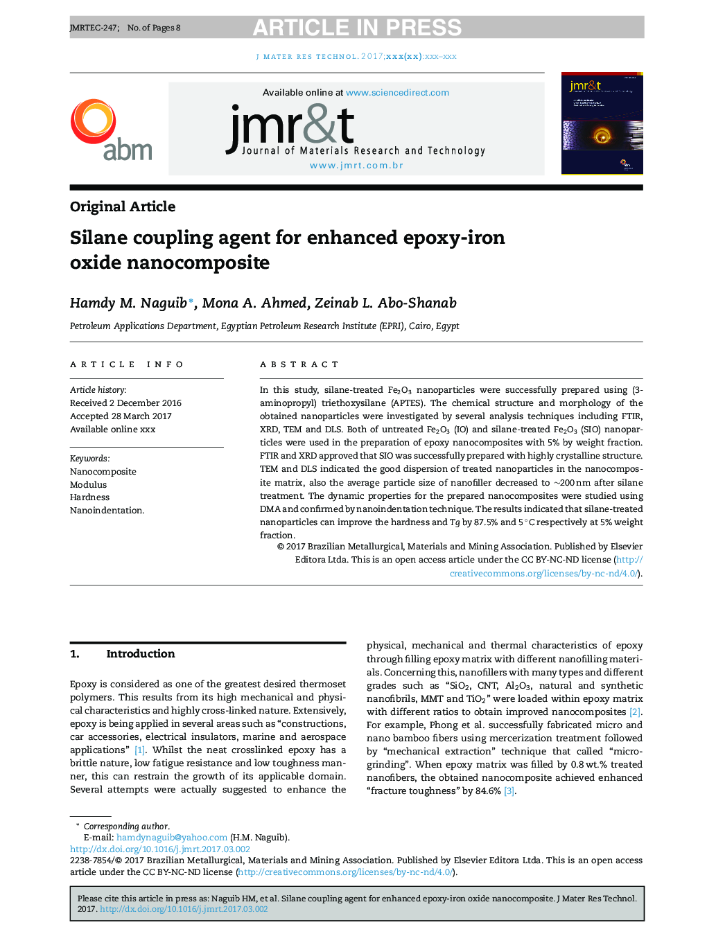 Silane coupling agent for enhanced epoxy-iron oxide nanocomposite