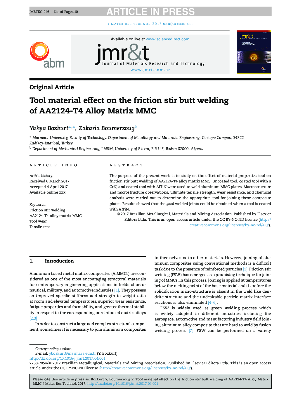 Tool material effect on the friction stir butt welding of AA2124-T4 Alloy Matrix MMC