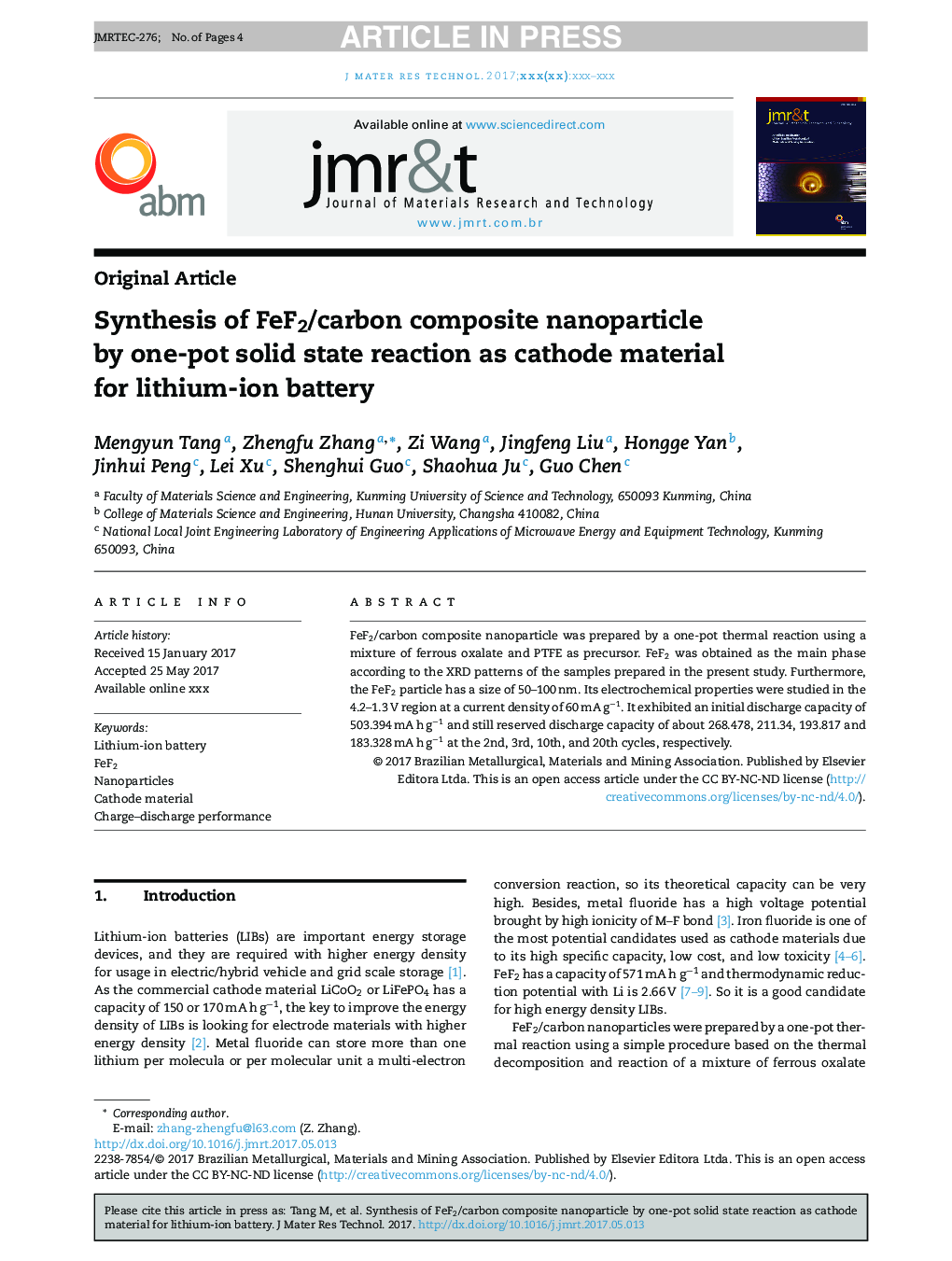 Synthesis of FeF2/carbon composite nanoparticle by one-pot solid state reaction as cathode material for lithium-ion battery