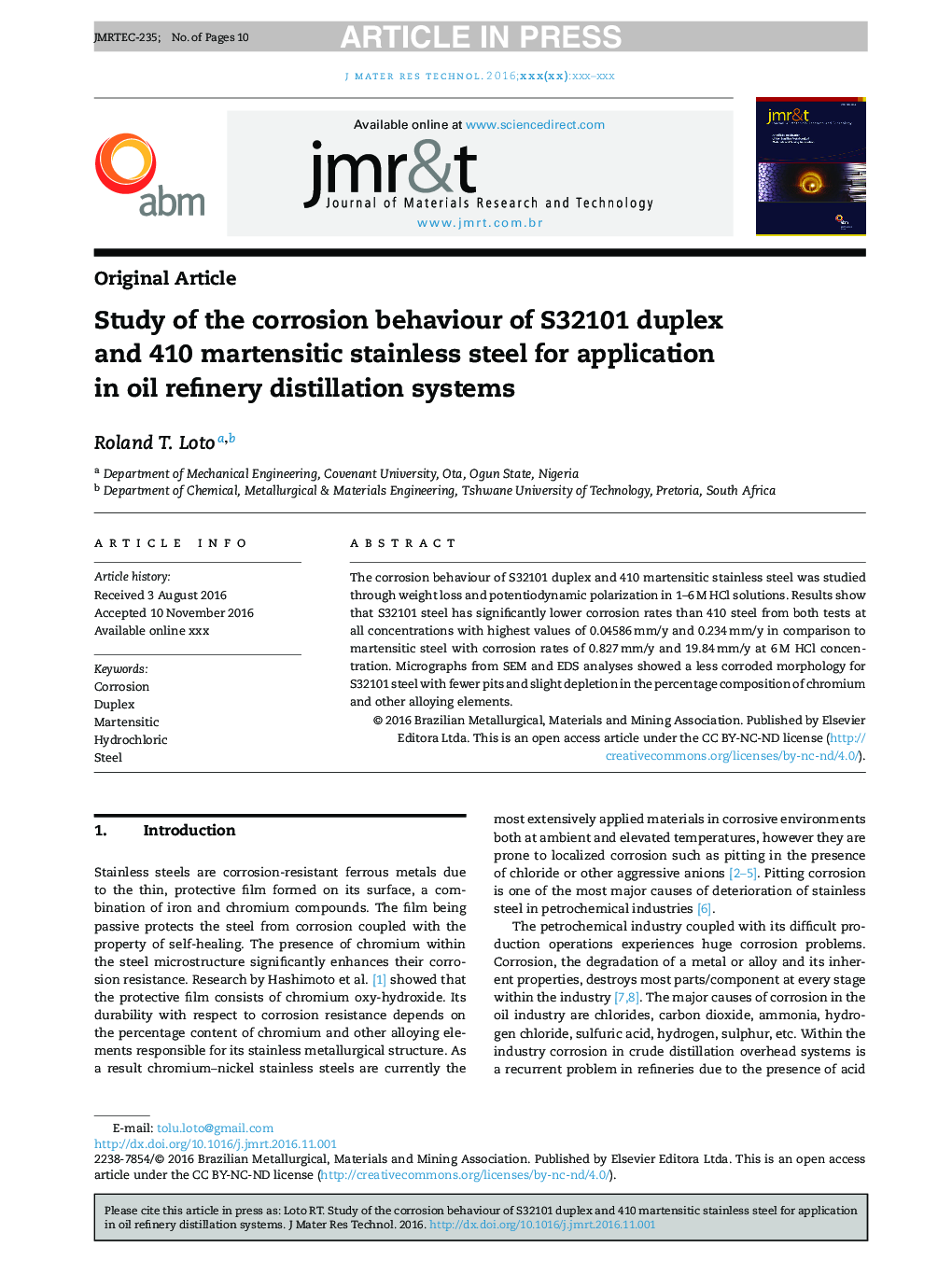 Study of the corrosion behaviour of S32101 duplex and 410 martensitic stainless steel for application in oil refinery distillation systems