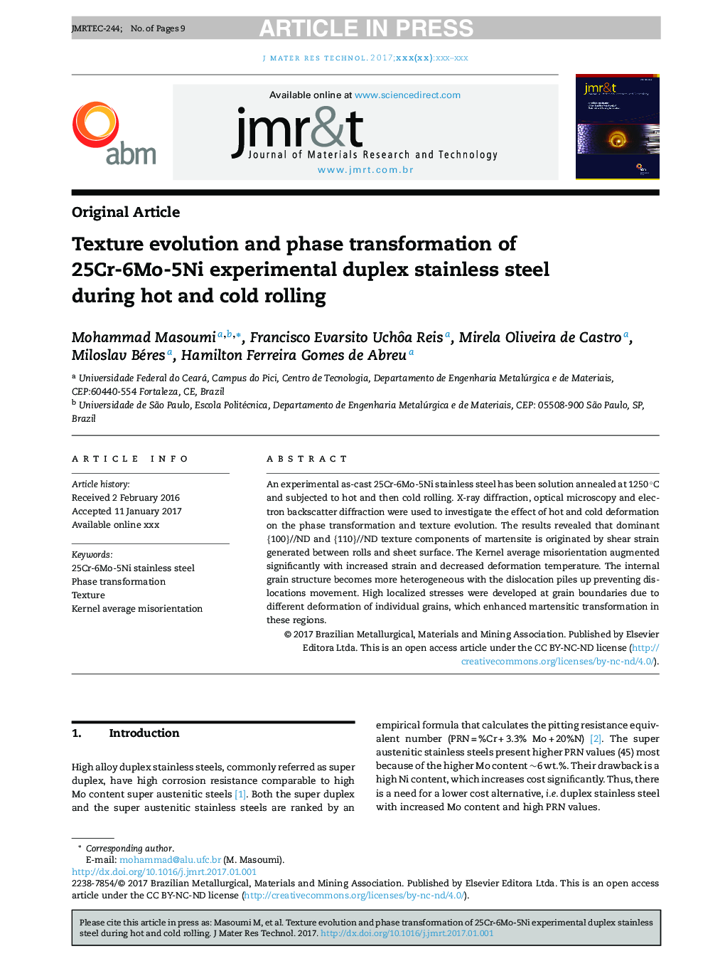 Texture evolution and phase transformation of 25Cr-6Mo-5Ni experimental duplex stainless steel during hot and cold rolling