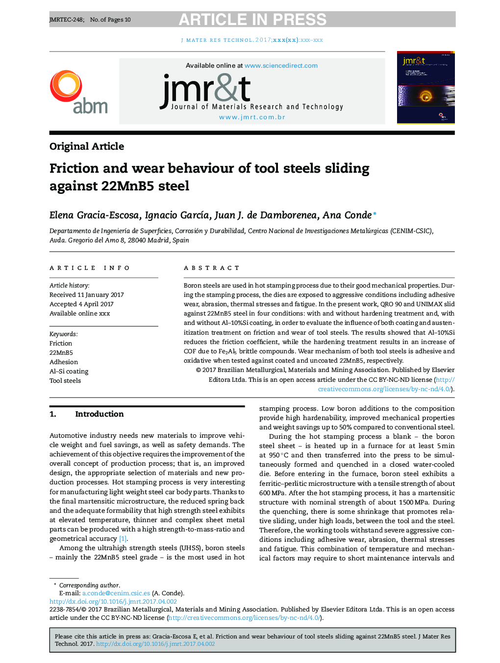 Friction and wear behaviour of tool steels sliding against 22MnB5 steel