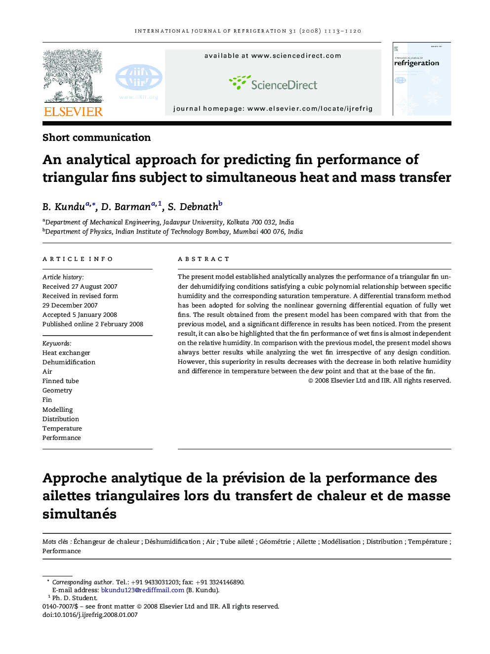 An analytical approach for predicting fin performance of triangular fins subject to simultaneous heat and mass transfer