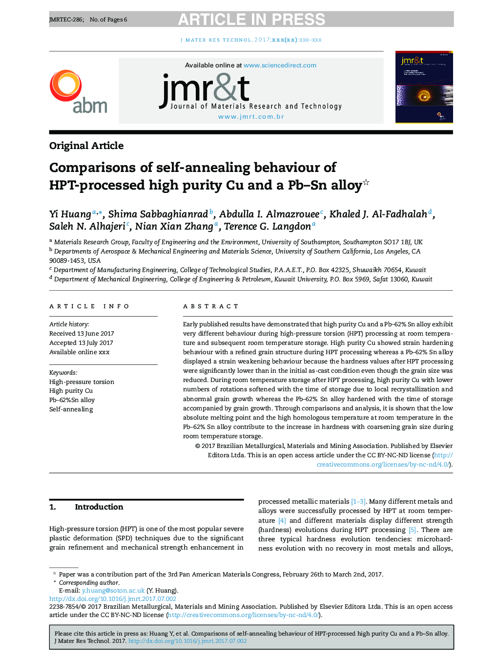 Comparisons of self-annealing behaviour of HPT-processed high purity Cu and a Pb-Sn alloy