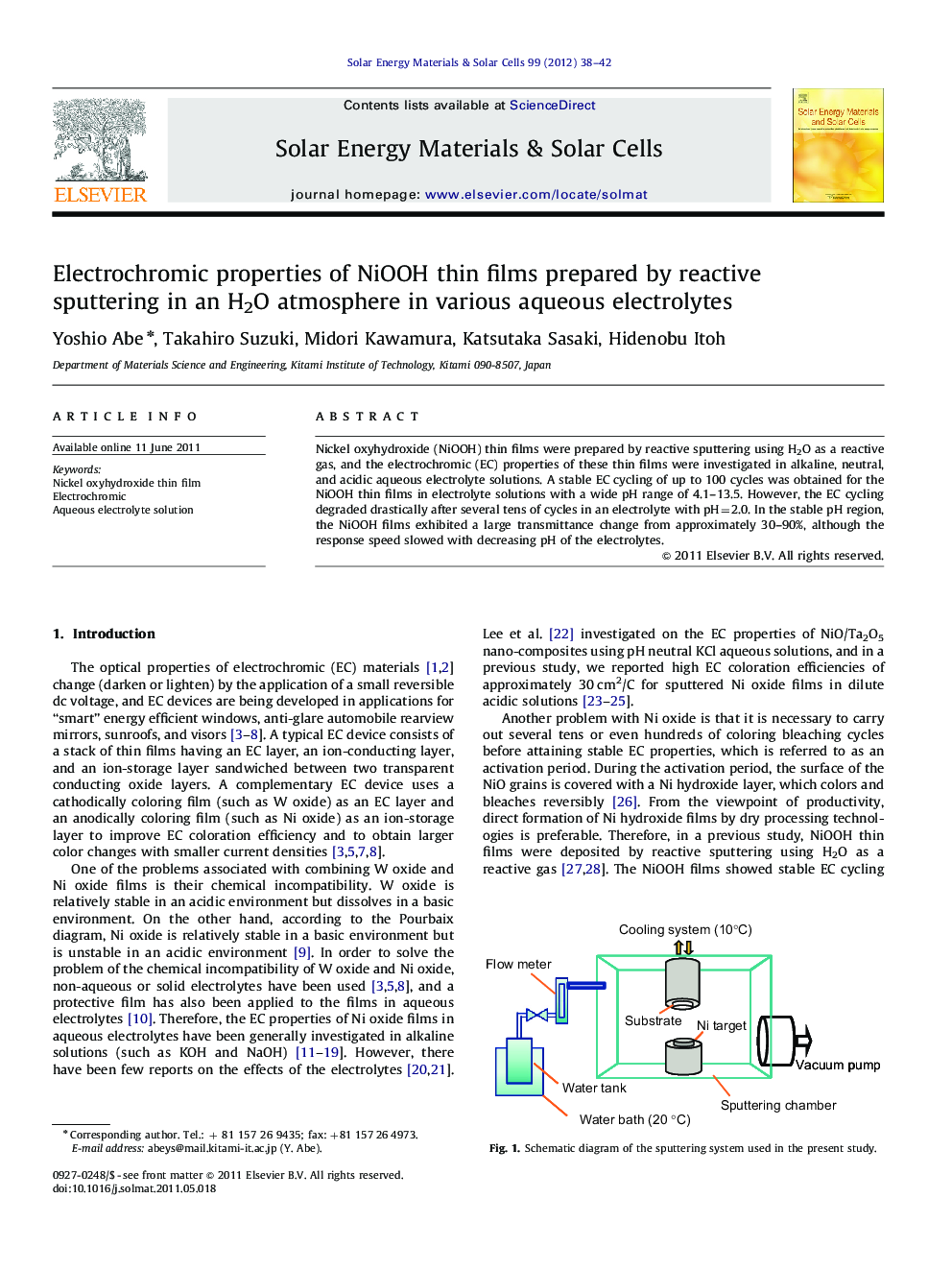 Electrochromic properties of NiOOH thin films prepared by reactive sputtering in an H2O atmosphere in various aqueous electrolytes