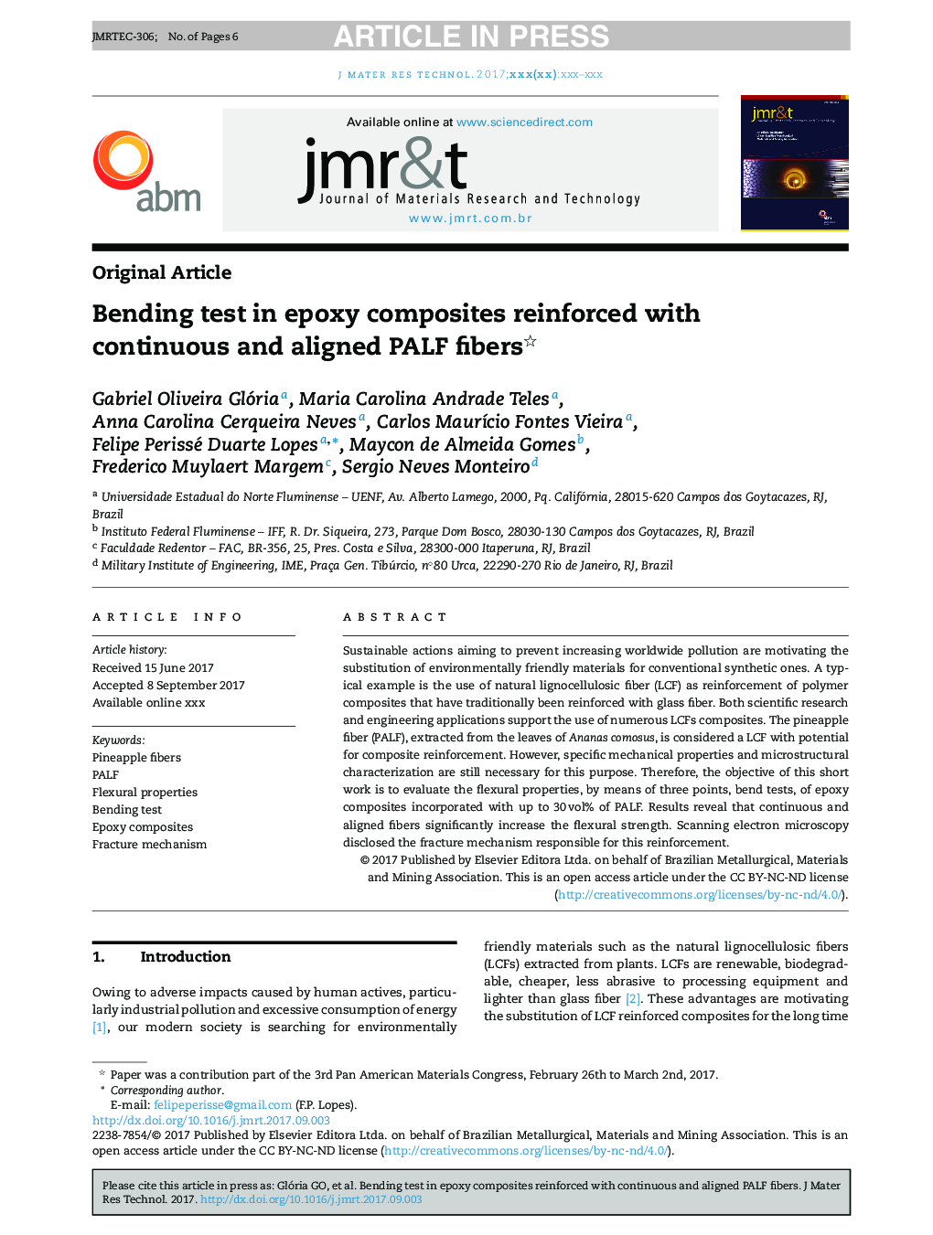 Bending test in epoxy composites reinforced with continuous and aligned PALF fibers