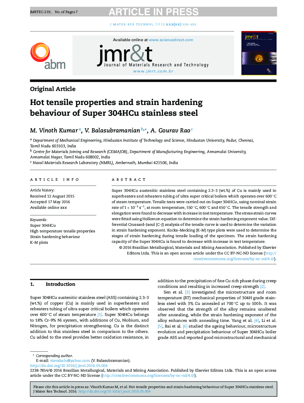 Hot tensile properties and strain hardening behaviour of Super 304HCu stainless steel