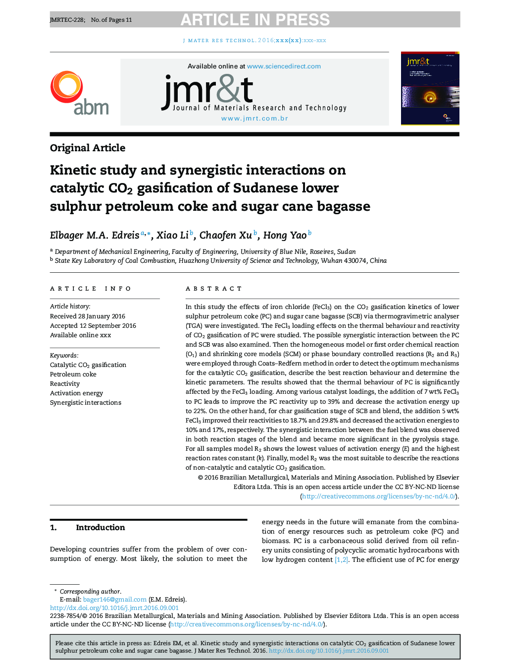 Kinetic study and synergistic interactions on catalytic CO2 gasification of Sudanese lower sulphur petroleum coke and sugar cane bagasse