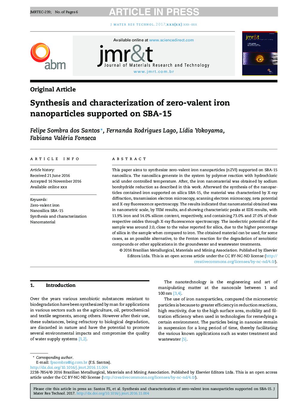 Synthesis and characterization of zero-valent iron nanoparticles supported on SBA-15