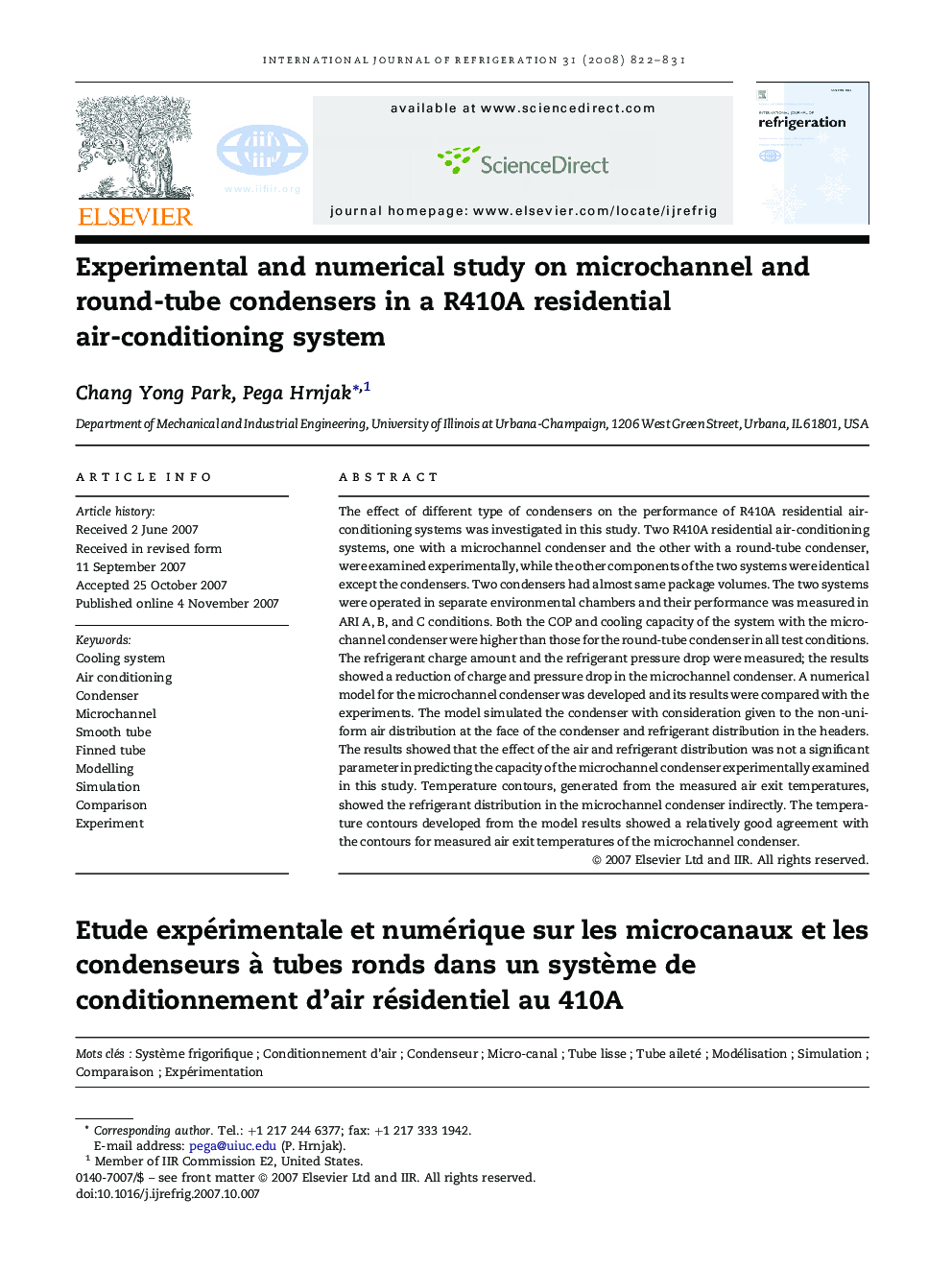 Experimental and numerical study on microchannel and round-tube condensers in a R410A residential air-conditioning system