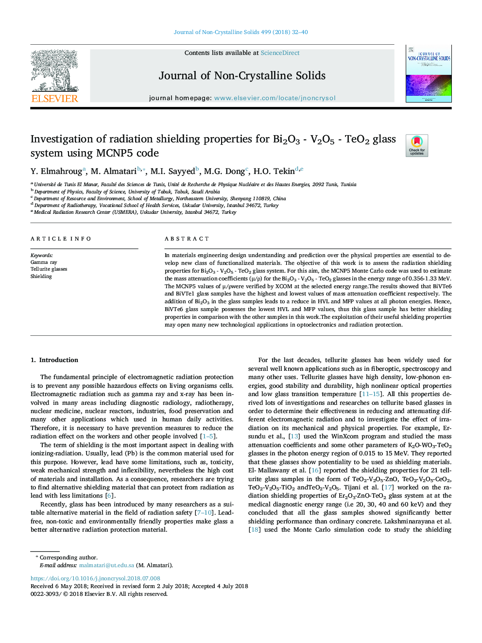 Investigation of radiation shielding properties for Bi2O3 - V2O5 - TeO2 glass system using MCNP5 code