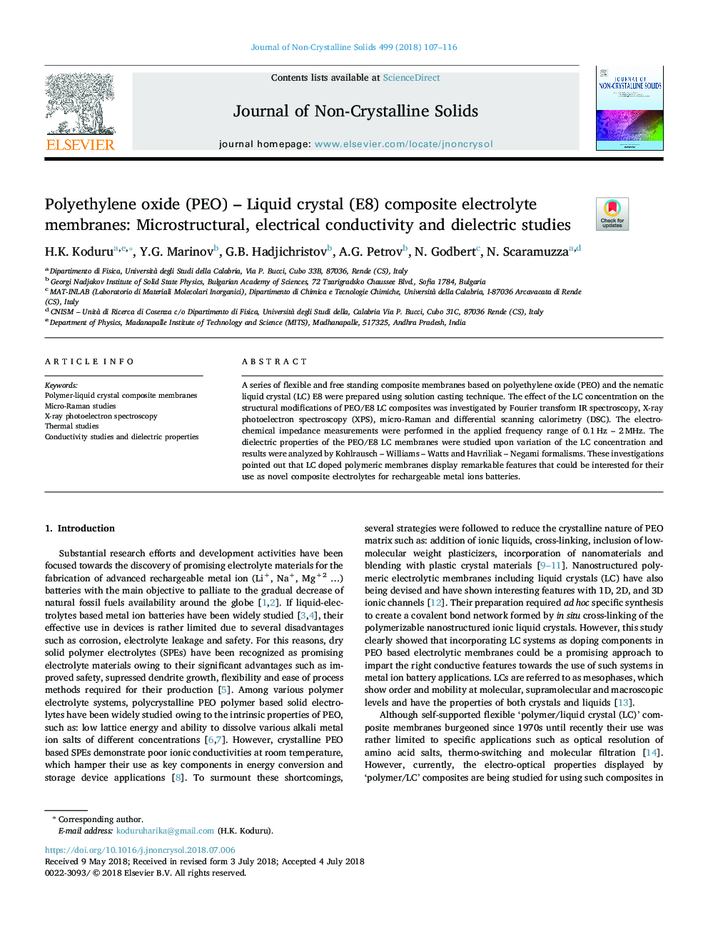 عکس صفحه اول مقاله: Polyethylene oxide (PEO) - Liquid crystal (E8) composite electrolyte membranes: Microstructural, electrical conductivity and dielectric studies Polyethylene oxide (PEO) - Liquid crystal (E8) composite electrolyte membranes: Microstructural, electrical conductivity and dielectric studies