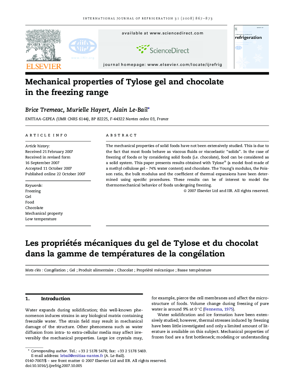 Mechanical properties of Tylose gel and chocolate in the freezing range