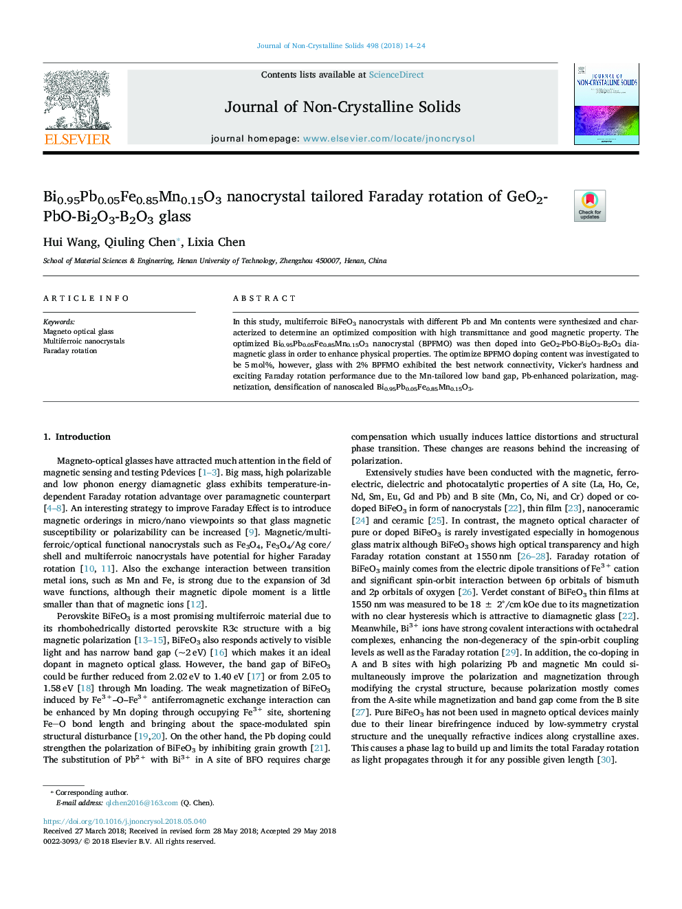 Bi0.95Pb0.05Fe0.85Mn0.15O3 nanocrystal tailored Faraday rotation of GeO2-PbO-Bi2O3-B2O3 glass