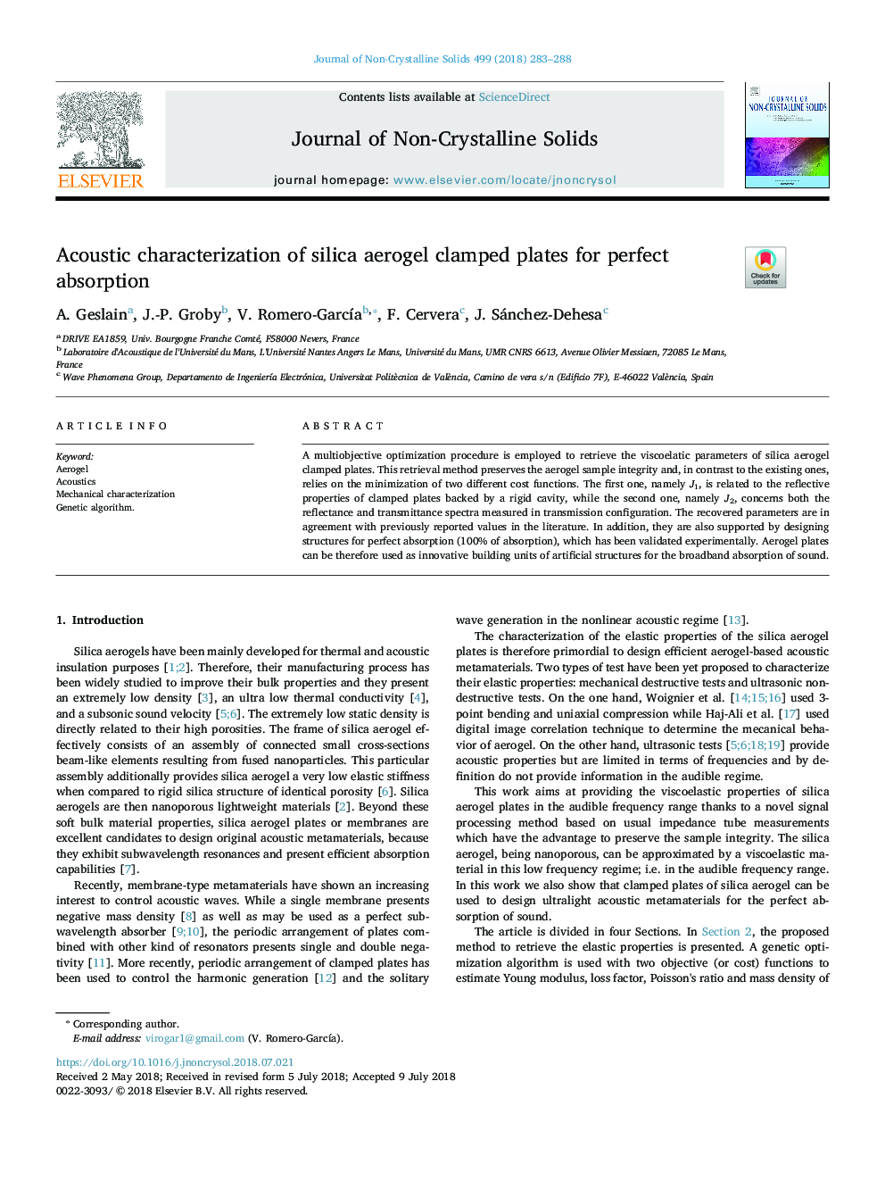 Acoustic characterization of silica aerogel clamped plates for perfect absorption