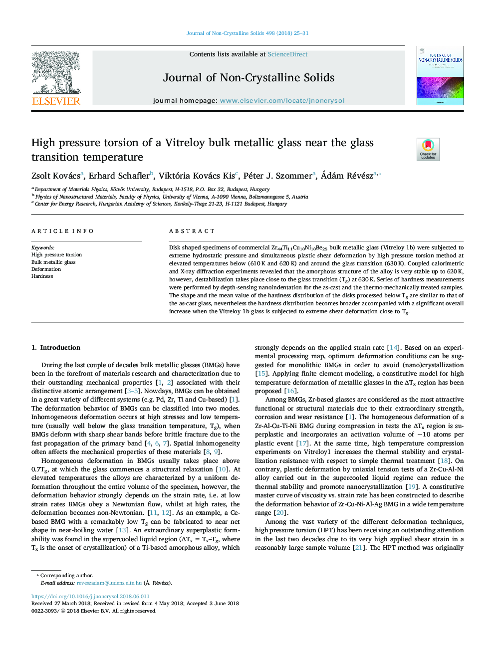 عکس صفحه اول مقاله: High pressure torsion of a Vitreloy bulk metallic glass near the glass transition temperature High pressure torsion of a Vitreloy bulk metallic glass near the glass transition temperature