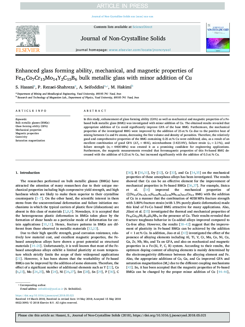 Enhanced glass forming ability, mechanical, and magnetic properties of Fe41Co7Cr15Mo14Y2C15B6 bulk metallic glass with minor addition of Cu