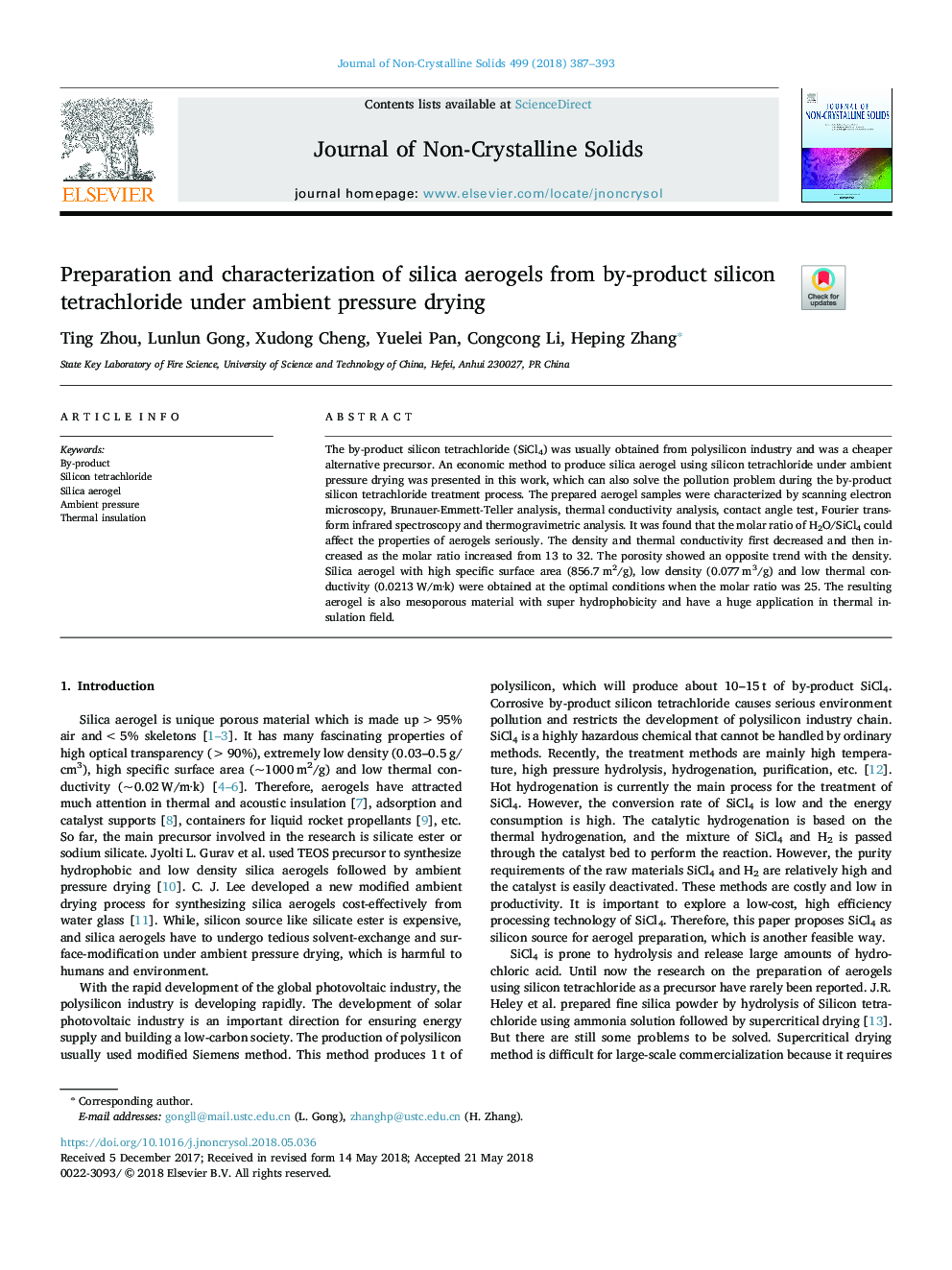 Preparation and characterization of silica aerogels from by-product silicon tetrachloride under ambient pressure drying