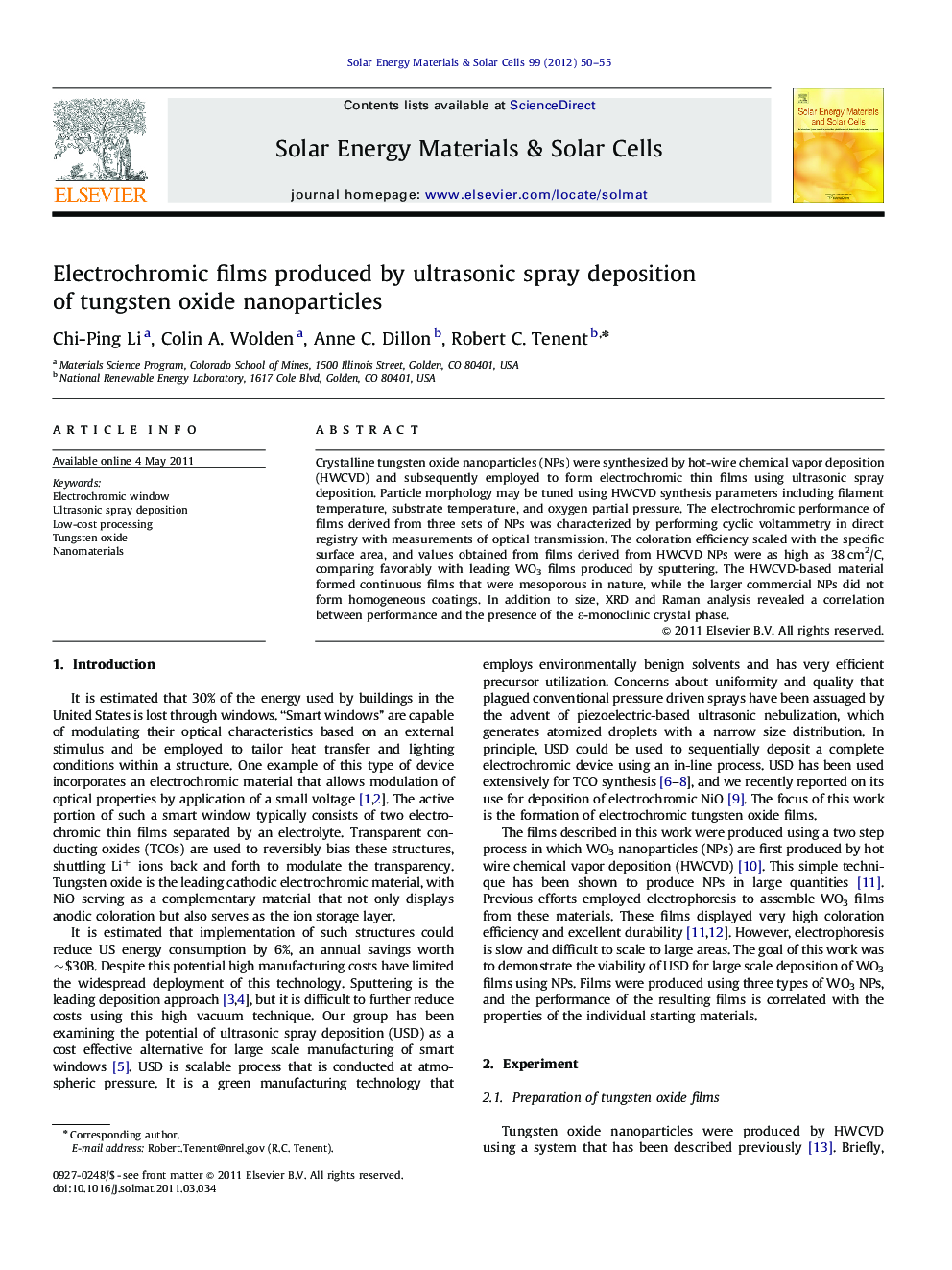 Electrochromic films produced by ultrasonic spray deposition of tungsten oxide nanoparticles