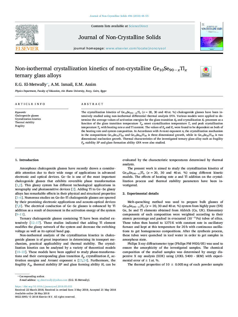 Non-isothermal crystallization kinetics of non-crystalline Ge10Se90âxTlx ternary glass alloys