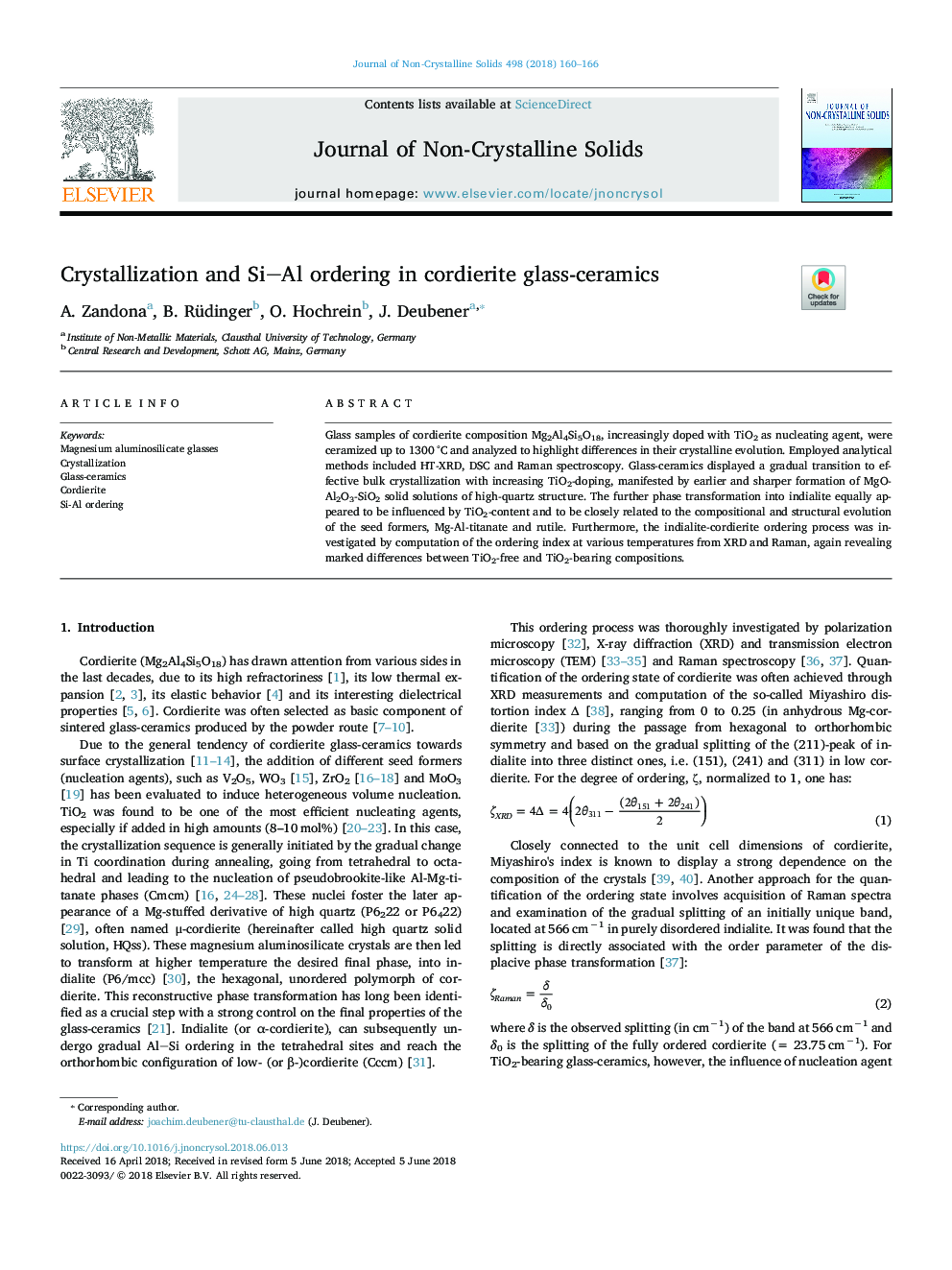 Crystallization and SiAl ordering in cordierite glass-ceramics