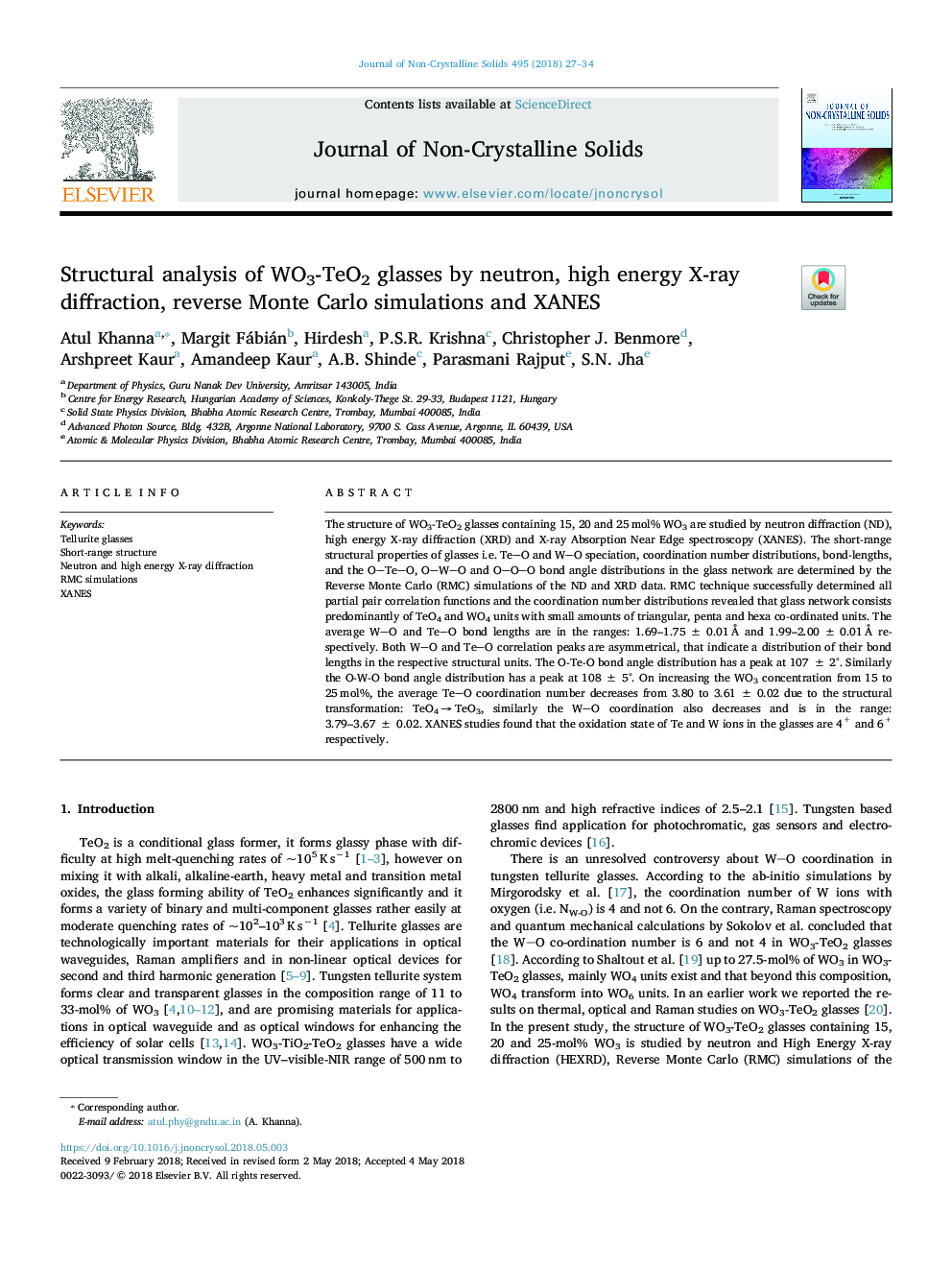 Structural analysis of WO3-TeO2 glasses by neutron, high energy X-ray diffraction, reverse Monte Carlo simulations and XANES