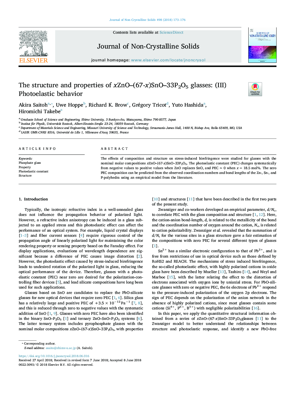 The structure and properties of xZnO-(67-x)SnO-33P2O5 glasses: (III) Photoelastic behavior