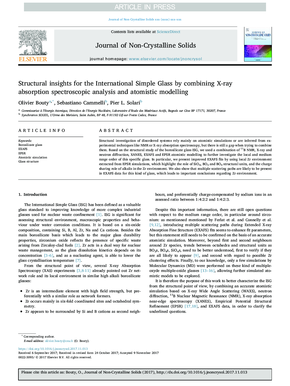 Structural insights for the International Simple Glass by combining X-ray absorption spectroscopic analysis and atomistic modelling