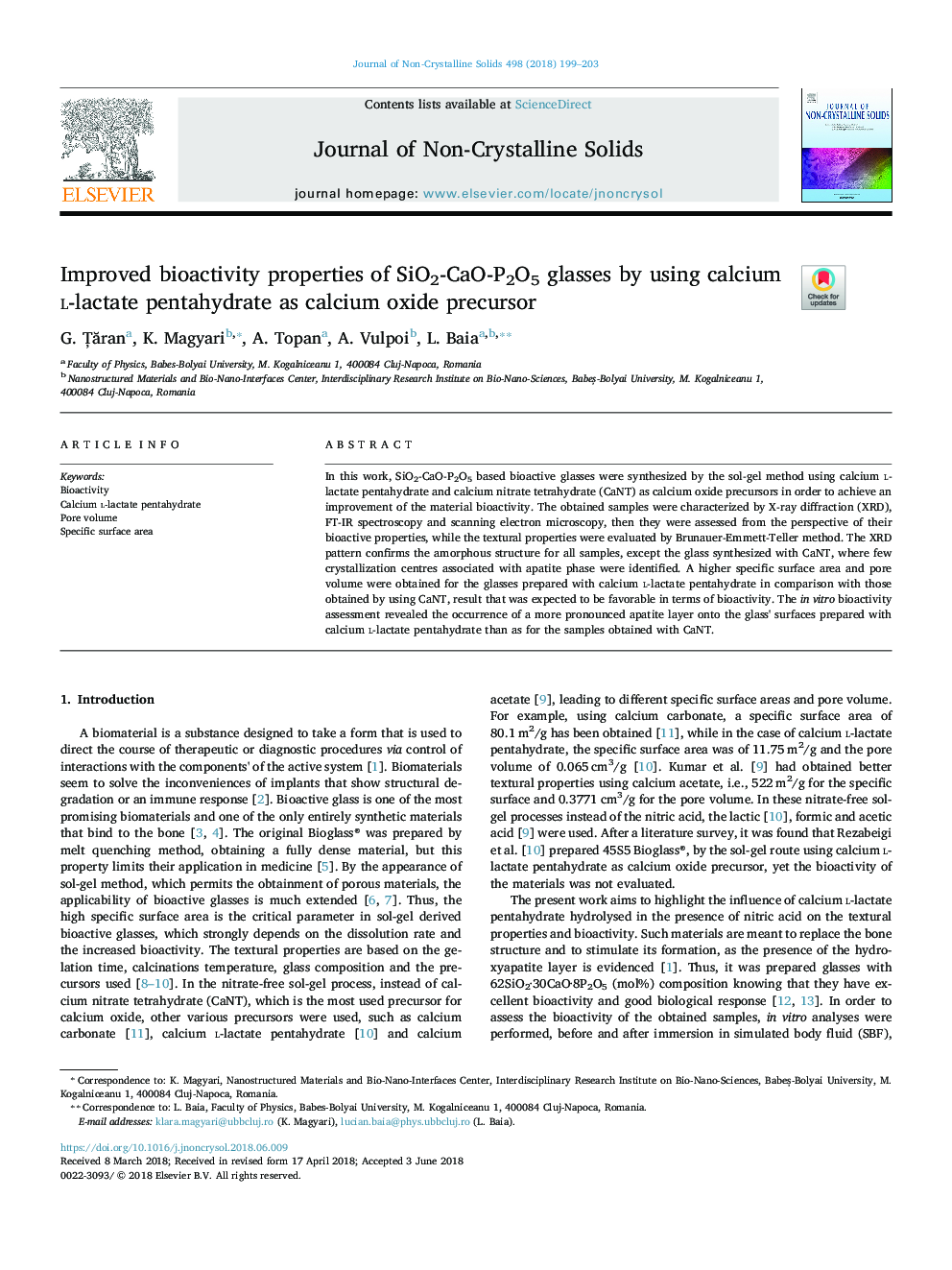 Improved bioactivity properties of SiO2-CaO-P2O5 glasses by using calcium l-lactate pentahydrate as calcium oxide precursor