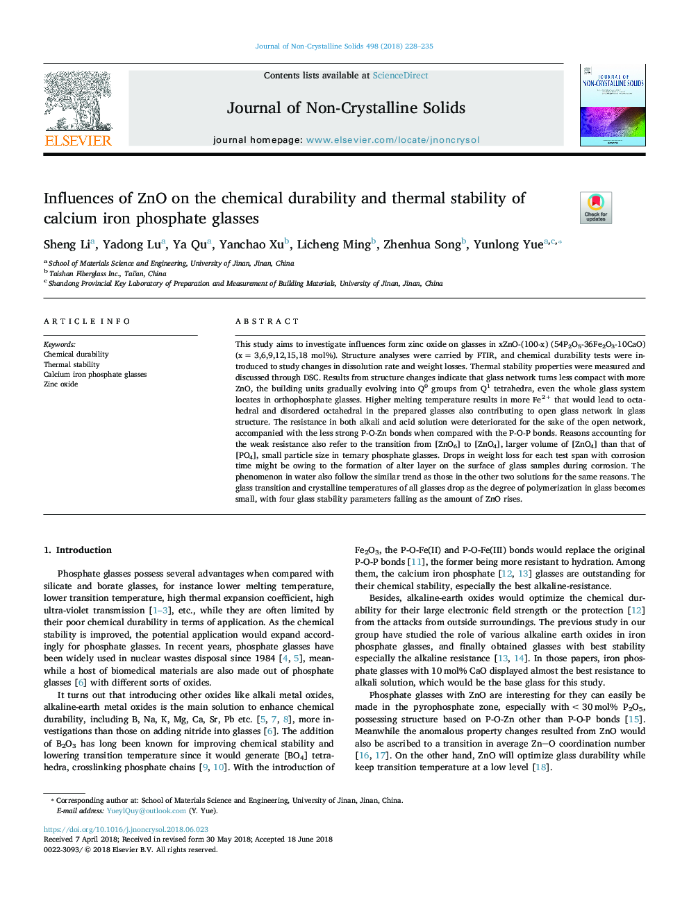 Influences of ZnO on the chemical durability and thermal stability of calcium iron phosphate glasses