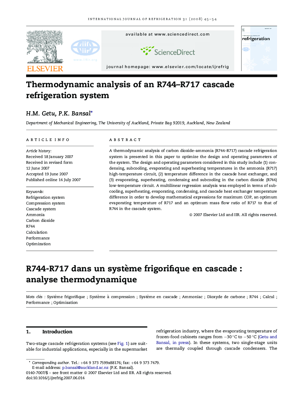 Thermodynamic analysis of an R744–R717 cascade refrigeration system