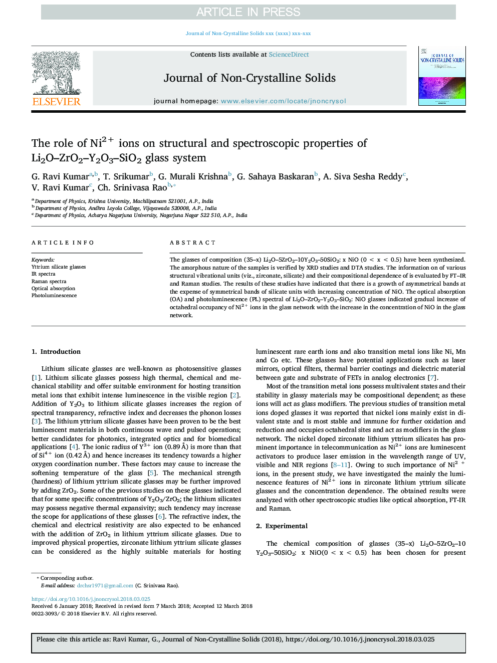 The role of Ni2+ ions on structural and spectroscopic properties of Li2O-ZrO2-Y2O3-SiO2 glass system