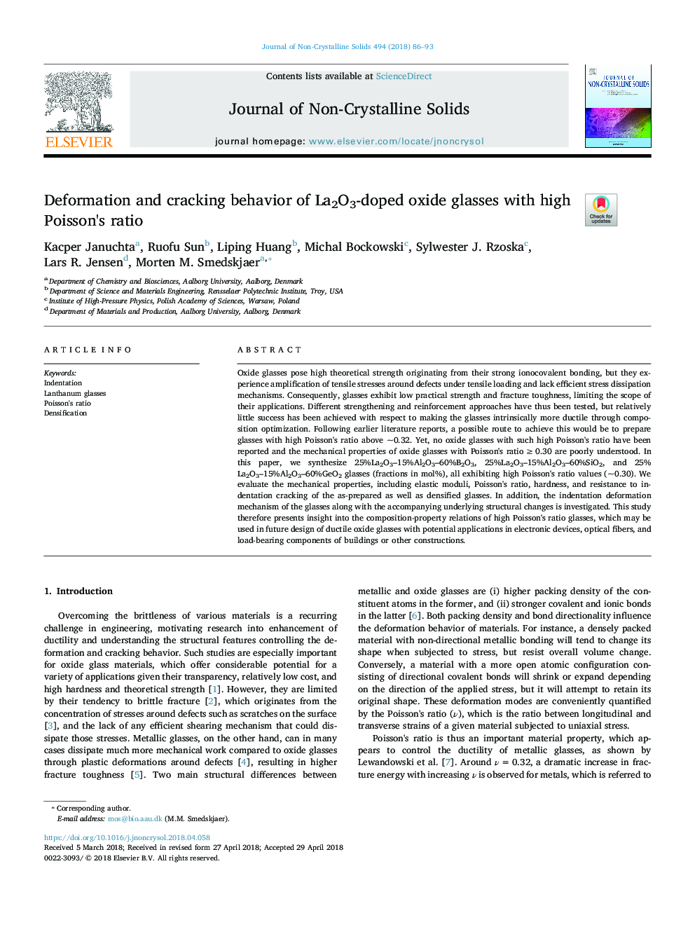 Deformation and cracking behavior of La2O3-doped oxide glasses with high Poisson's ratio