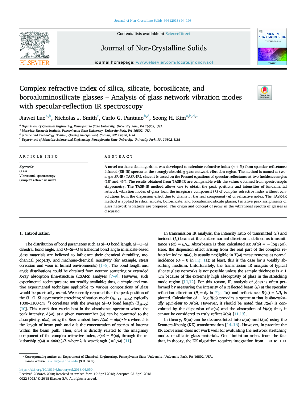 Complex refractive index of silica, silicate, borosilicate, and boroaluminosilicate glasses - Analysis of glass network vibration modes with specular-reflection IR spectroscopy