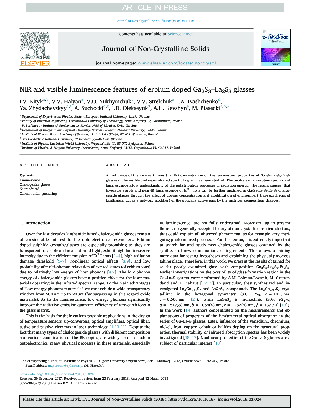 NIR and visible luminescence features of erbium doped Ga2S3-La2S3 glasses