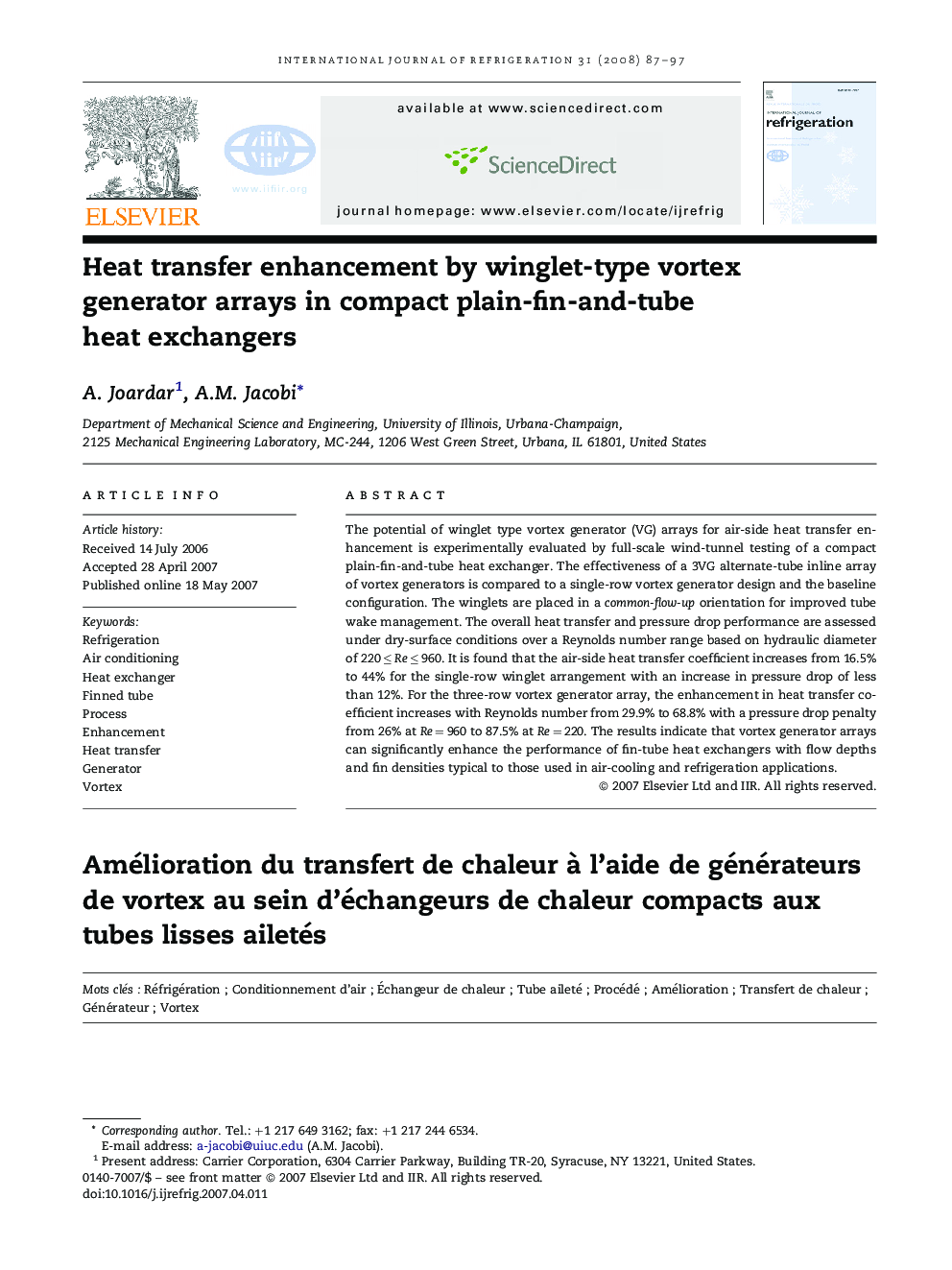 Heat transfer enhancement by winglet-type vortex generator arrays in compact plain-fin-and-tube heat exchangers