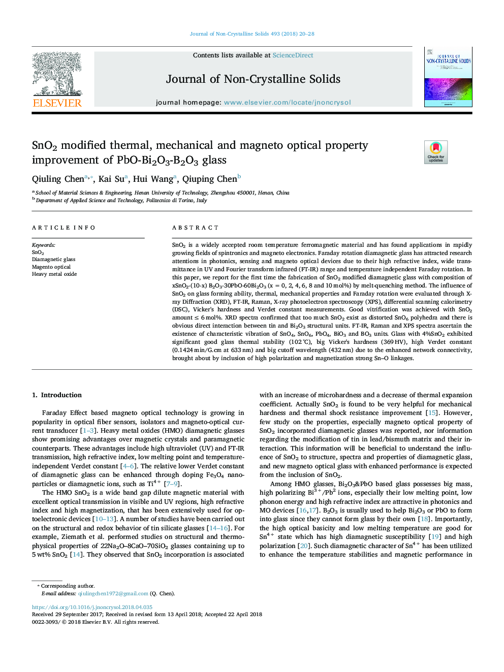 SnO2 modified thermal, mechanical and magneto optical property improvement of PbO-Bi2O3-B2O3 glass