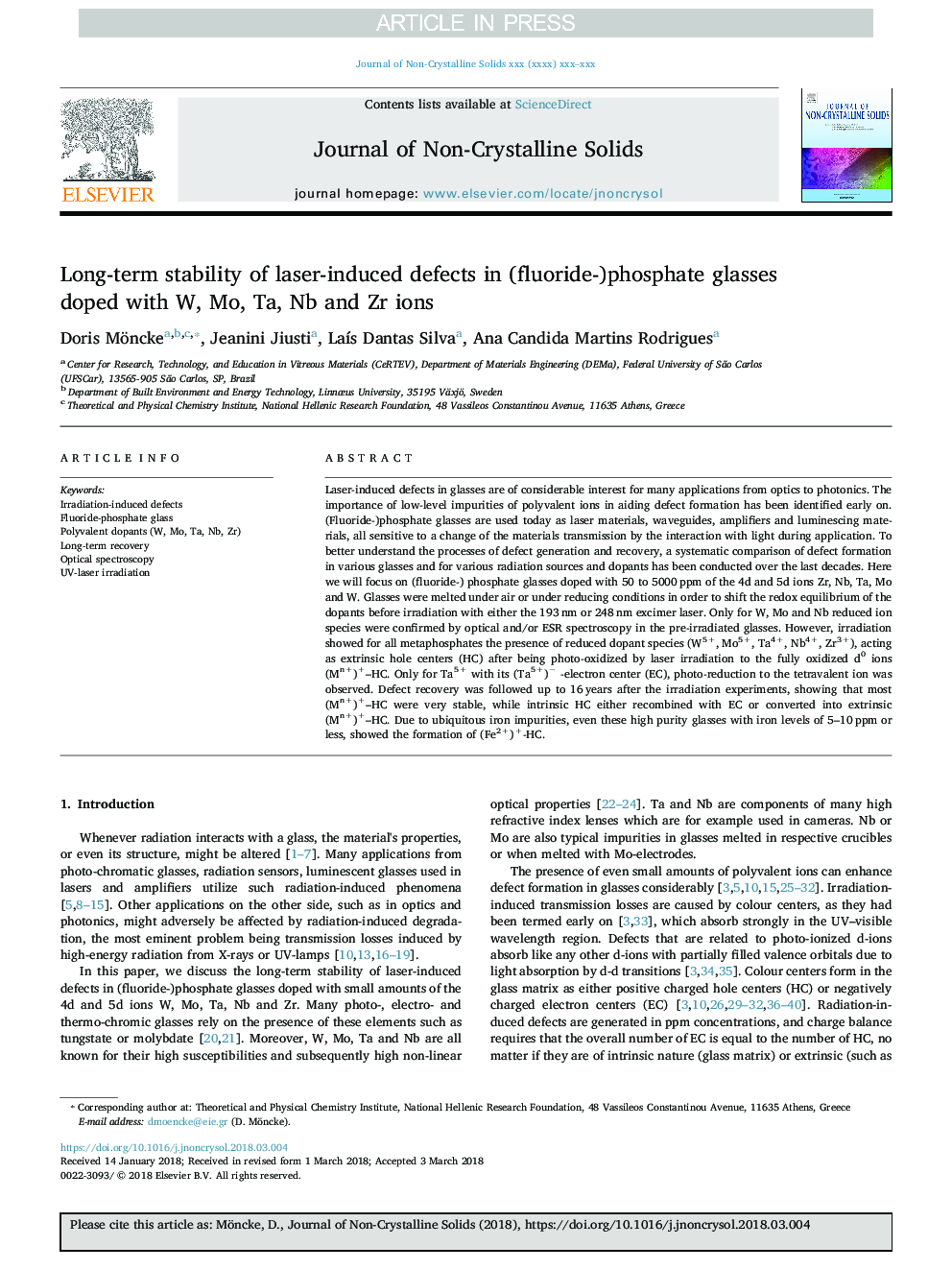 Long-term stability of laser-induced defects in (fluoride-)phosphate glasses doped with W, Mo, Ta, Nb and Zr ions