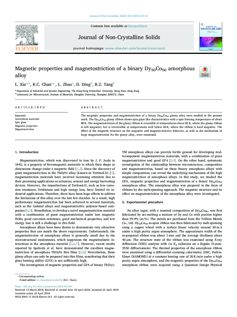 Magnetic properties and magnetostriction of a binary Dy50Co50 amorphous alloy