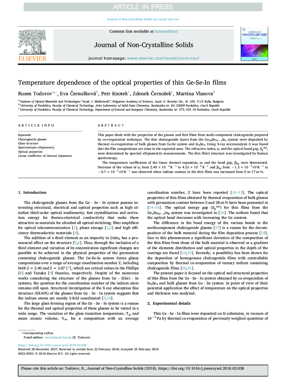 Temperature dependence of the optical properties of thin Ge-Se-In films