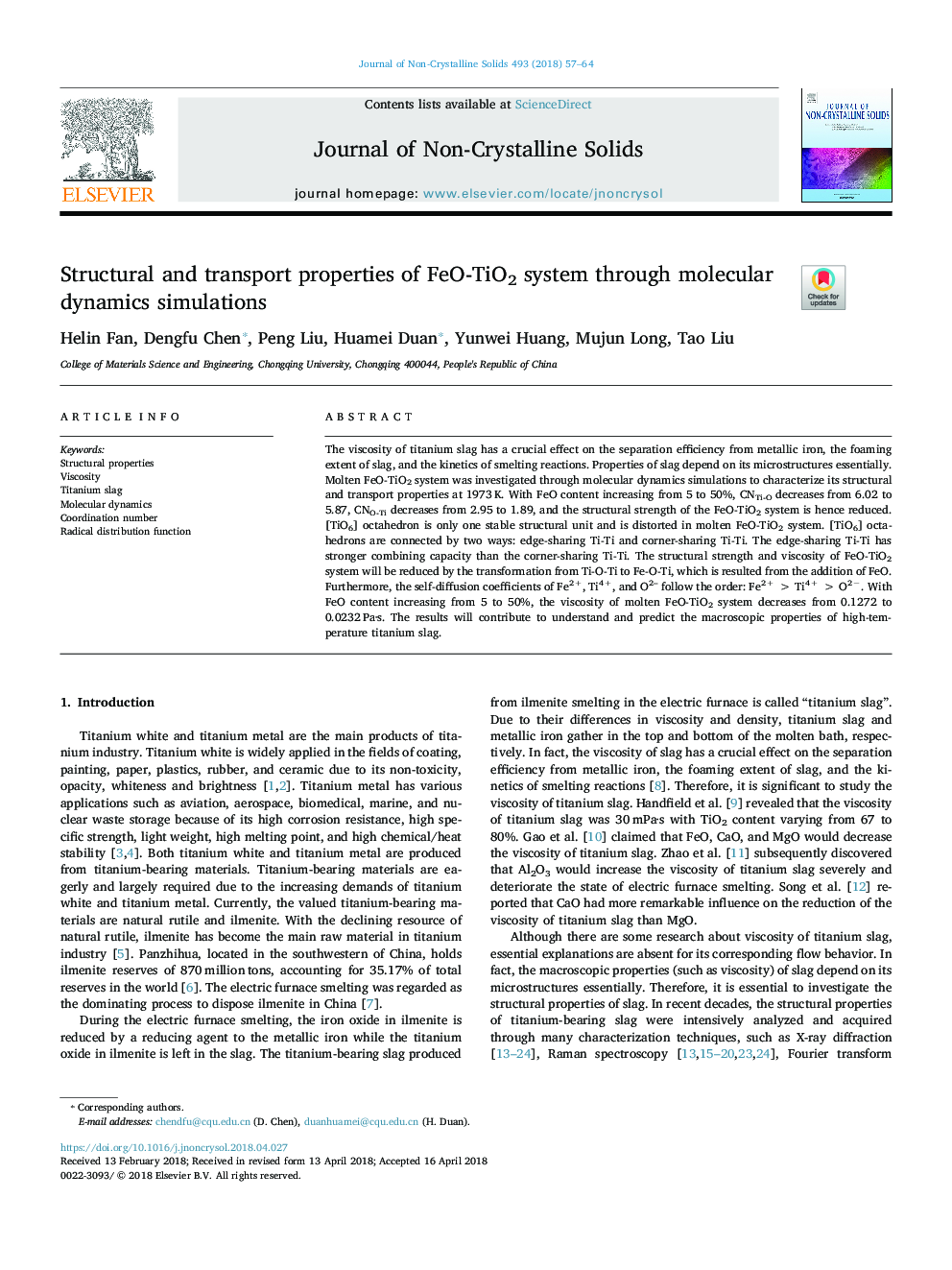 Structural and transport properties of FeO-TiO2 system through molecular dynamics simulations