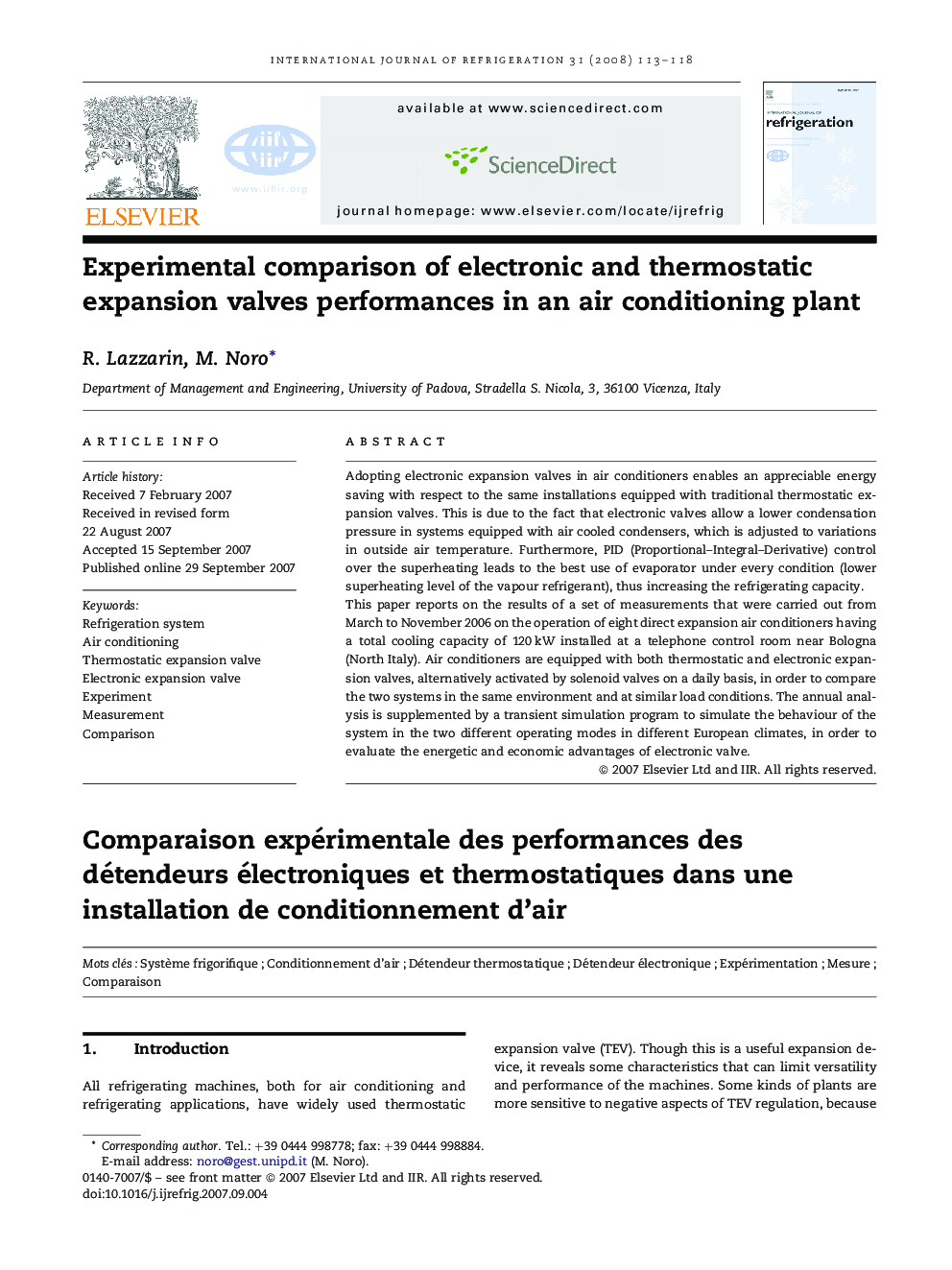 Experimental comparison of electronic and thermostatic expansion valves performances in an air conditioning plant