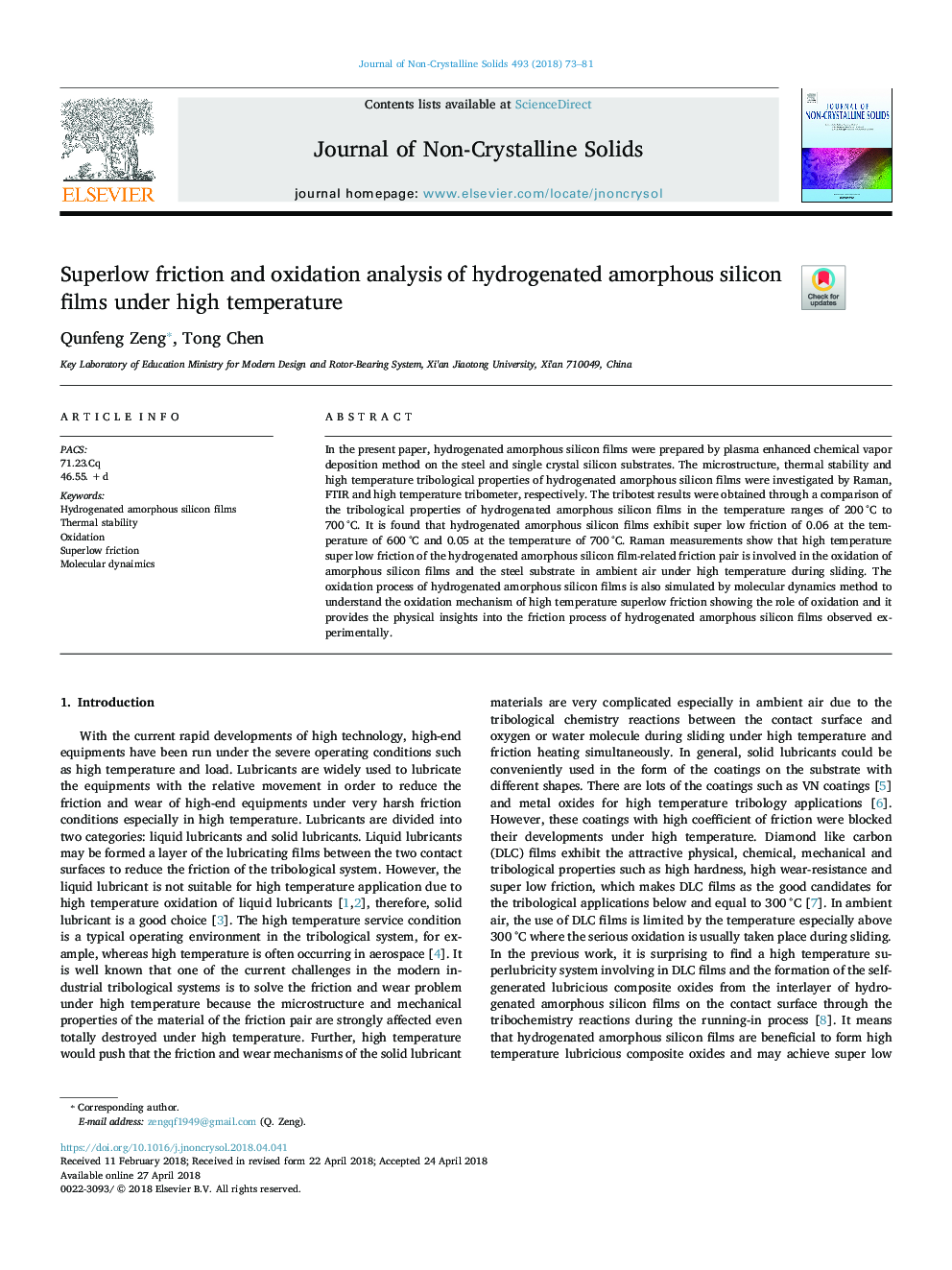 عکس صفحه اول مقاله: Superlow friction and oxidation analysis of hydrogenated amorphous silicon films under high temperature Superlow friction and oxidation analysis of hydrogenated amorphous silicon films under high temperature