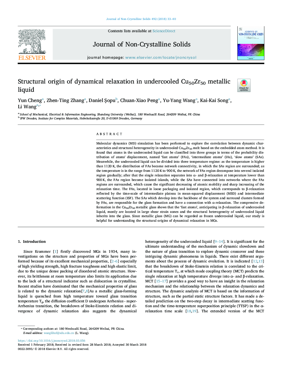 عکس صفحه اول مقاله: Structural origin of dynamical relaxation in undercooled Cu50Zr50 metallic liquid Structural origin of dynamical relaxation in undercooled Cu50Zr50 metallic liquid