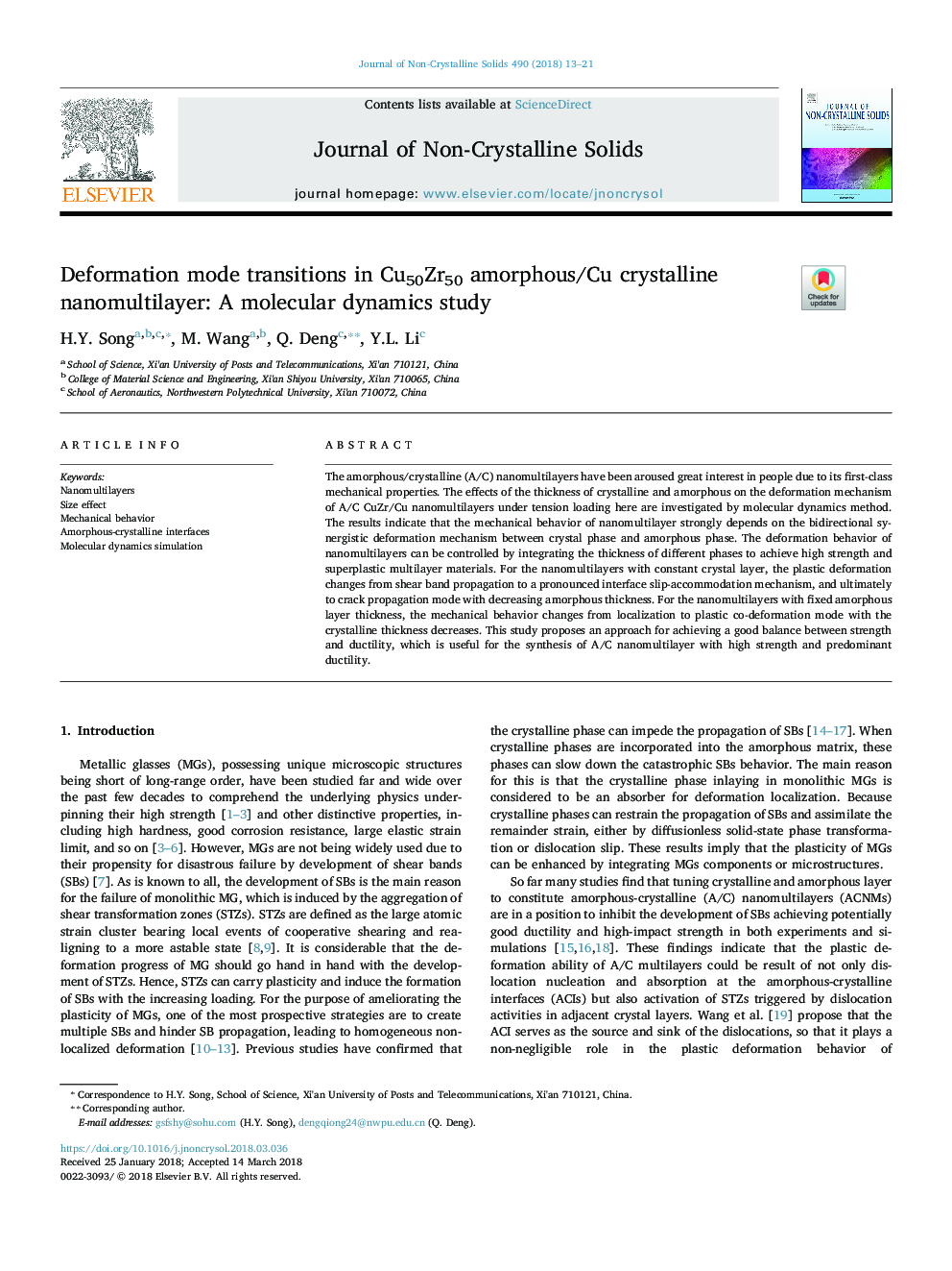 Deformation mode transitions in Cu50Zr50 amorphous/Cu crystalline nanomultilayer: A molecular dynamics study