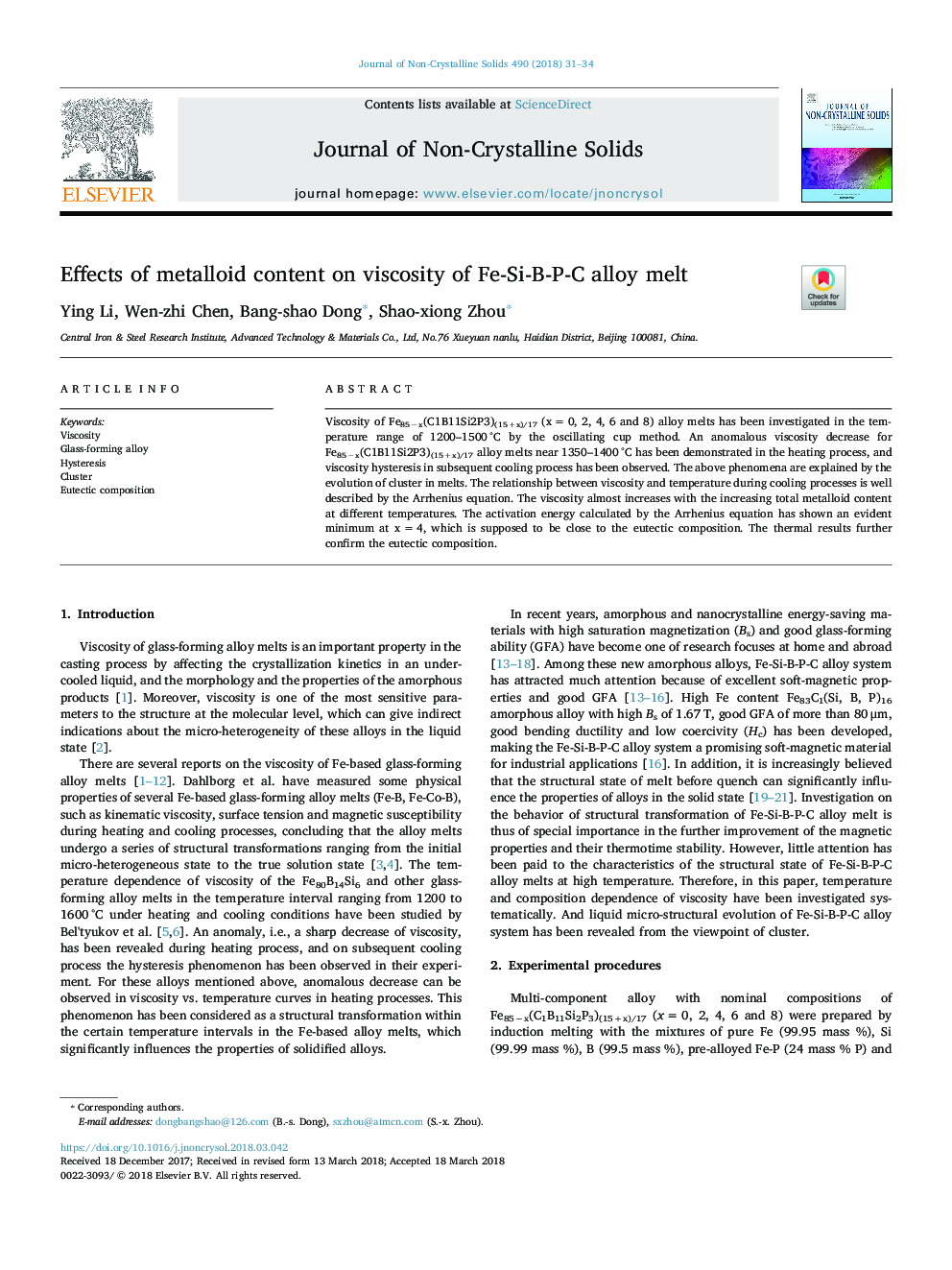 Effects of metalloid content on viscosity of Fe-Si-B-P-C alloy melt