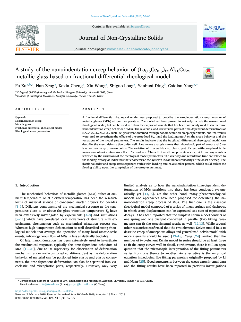 A study of the nanoindentation creep behavior of (La0.5Ce0.5)65Al10Co25 metallic glass based on fractional differential rheological model