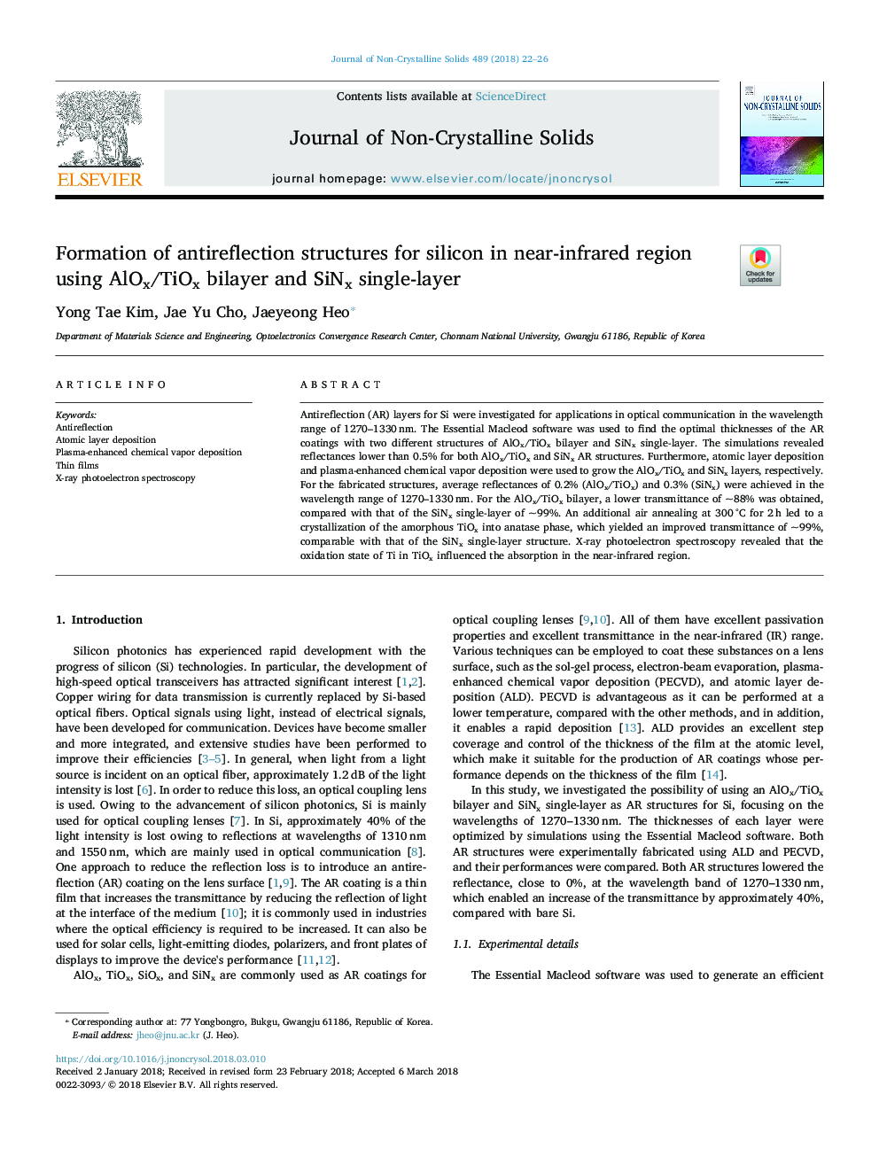 Formation of antireflection structures for silicon in near-infrared region using AlOx/TiOx bilayer and SiNx single-layer